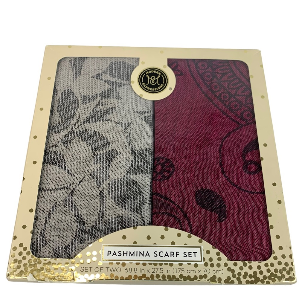Pashmina Scarf Set Grey, Charcoal, Silver โ and Cranberry, Black
